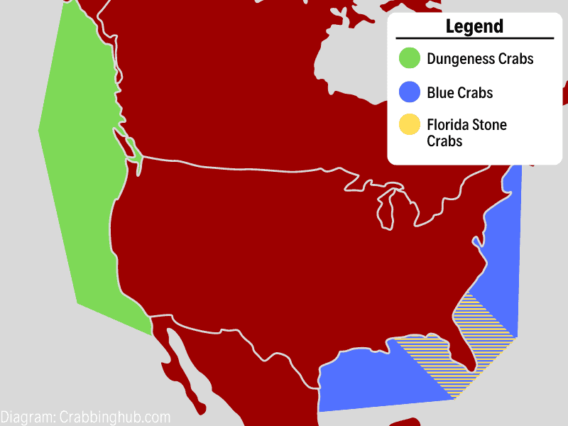 A map of the USA shows that Dungeness crabs are along the west coast, Blue Crabs are along the East and Gulf coast, and Florida Stone Crabs are along the Florida coast.